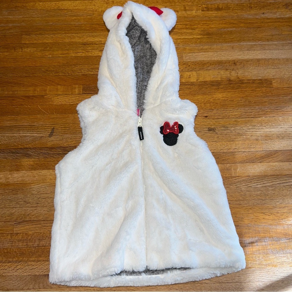 Disney Junior Minnie Mouse 4T White Faux Fur Full Zip Ears Bow Soft Hoodie Vest